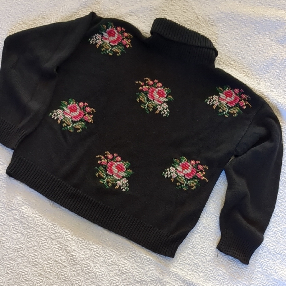 Black Turtlenck Sweater with Pink Floral Embroidery Grannycore Whimsygoth